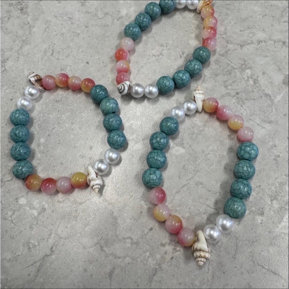 Blue and Pink Beaded Bracelet Set with Coastal Charm